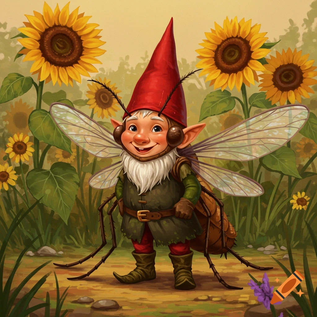 A fantasy illustration of a smiling gnome dressed as a mosquito, standing among large sunflowers.