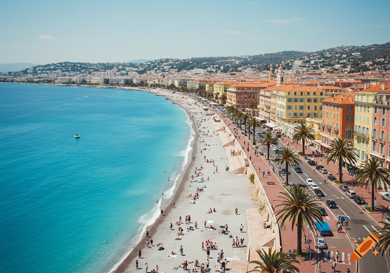 Aerial view of a crowded beach and colorful buildings along a coastline under a clear blue sky.