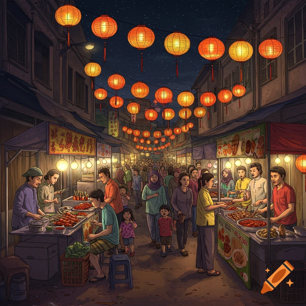 Busy night market scene with people browsing food stalls under strings of red lanterns at night.