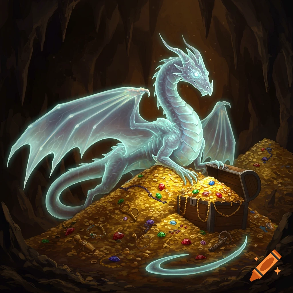 A luminous ghost dragon sits atop a huge pile of gold coins and jewels inside a dark cave.