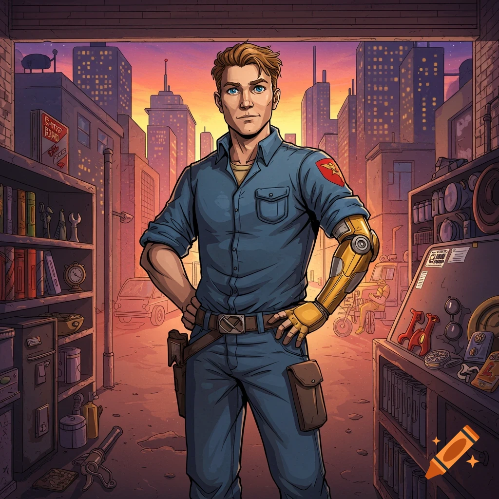 Comic book style illustration of a mechanic with a golden robotic arm standing in a garage with a city backdrop.