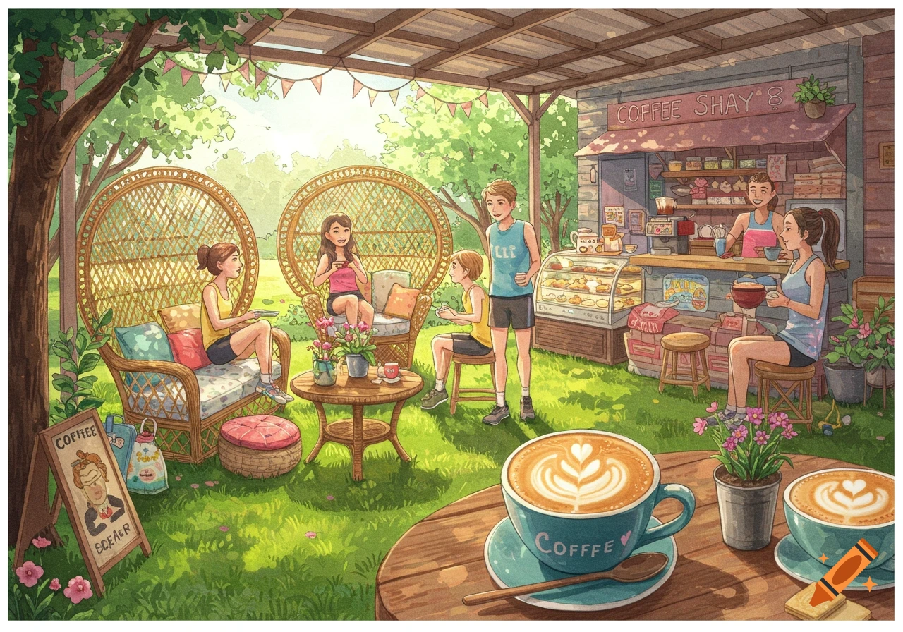 Watercolor illustration of people enjoying coffee at an outdoor cafe in a garden.