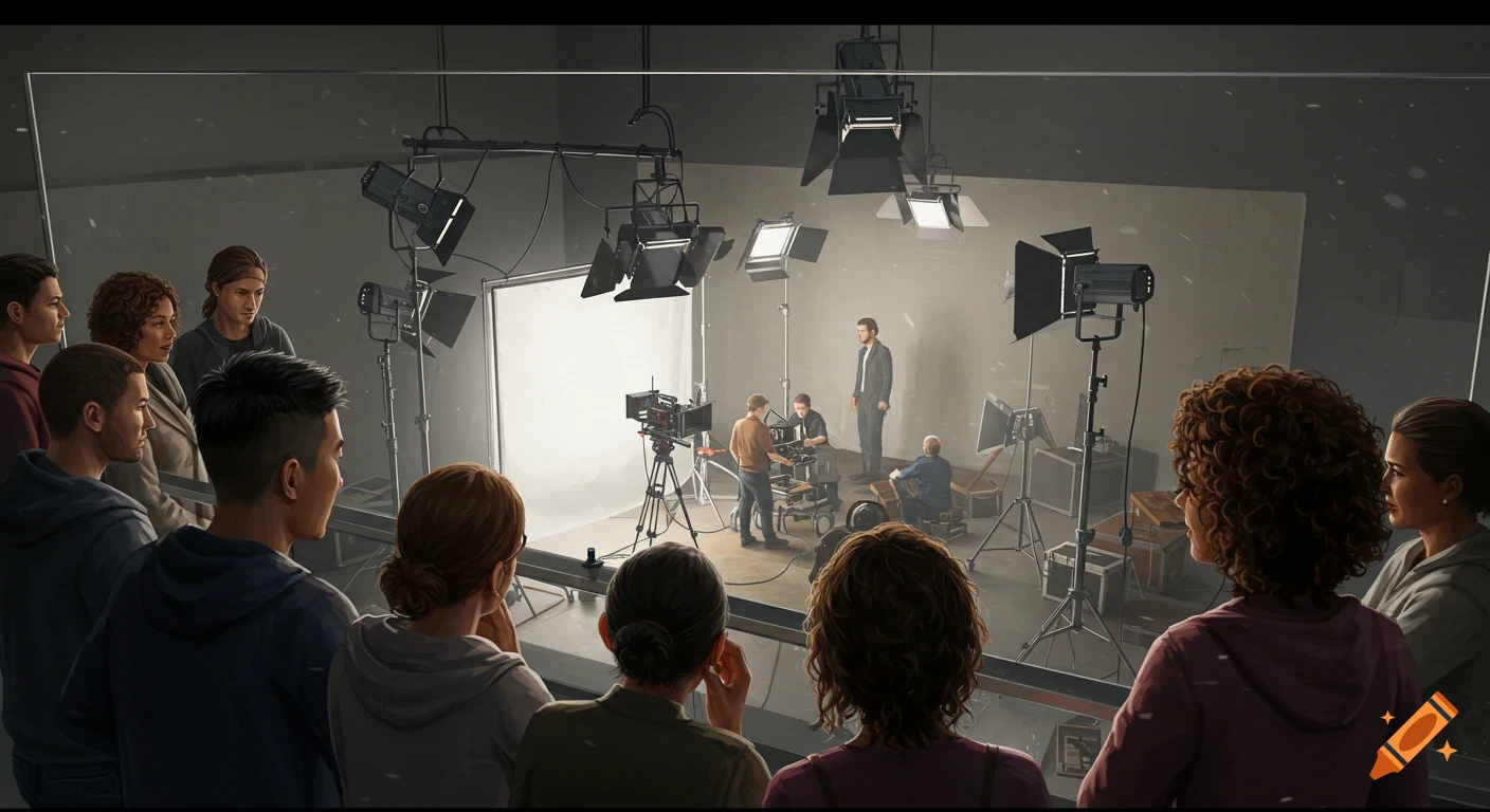 People watch a film production set in a studio from behind a glass wall.