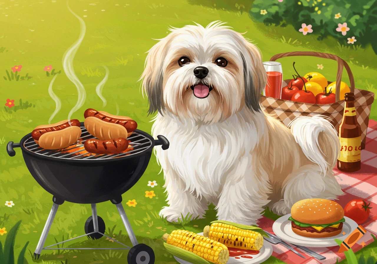 Illustration of a Lhasa Apso dog sitting next to a barbecue grill with food during a picnic.