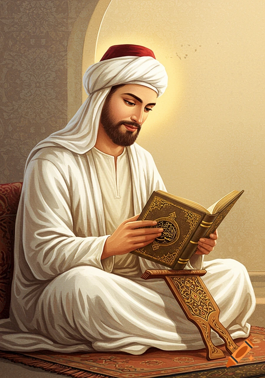 Illustration of a man in white robe and turban reading a book on a prayer rug.