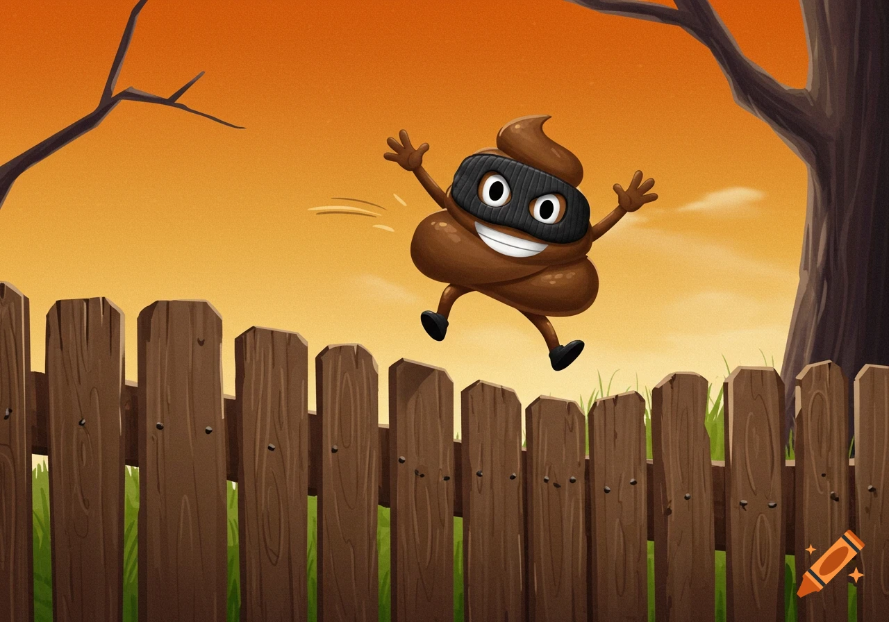 Cartoon poop emoji in a ski mask jumps over a fence