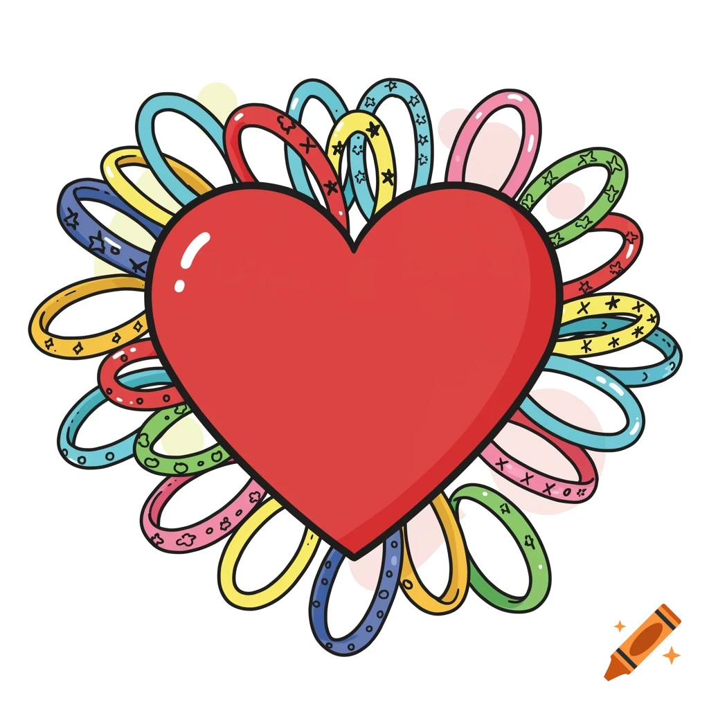 Cartoon red heart surrounded by colorful patterned loops