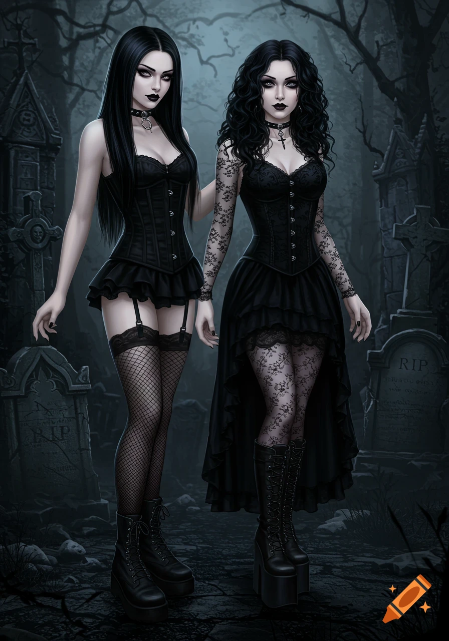 Two goth women pose in a graveyard.