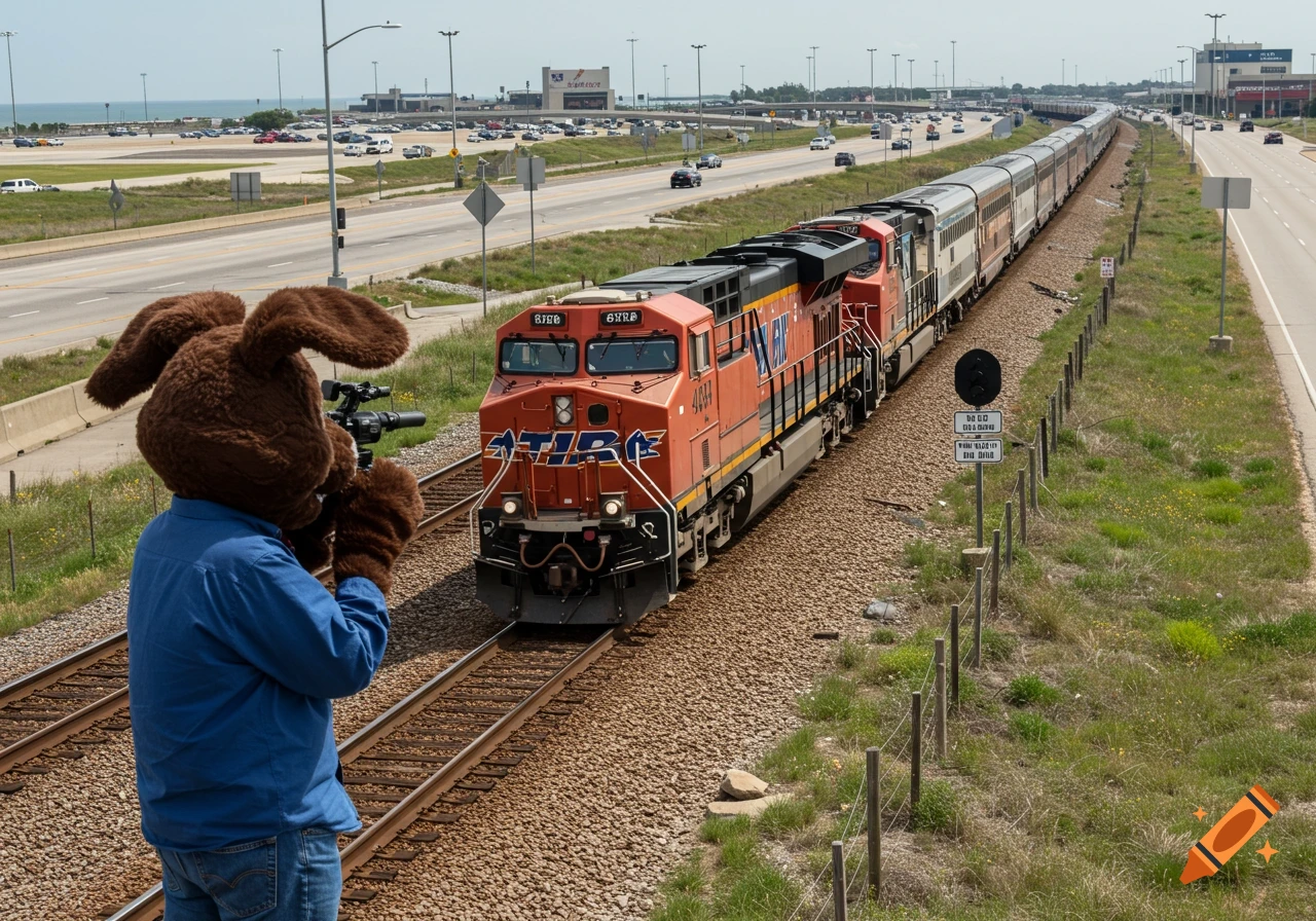 A person in a large brown rabbit costume films a train passing by a highway and airport in the background.