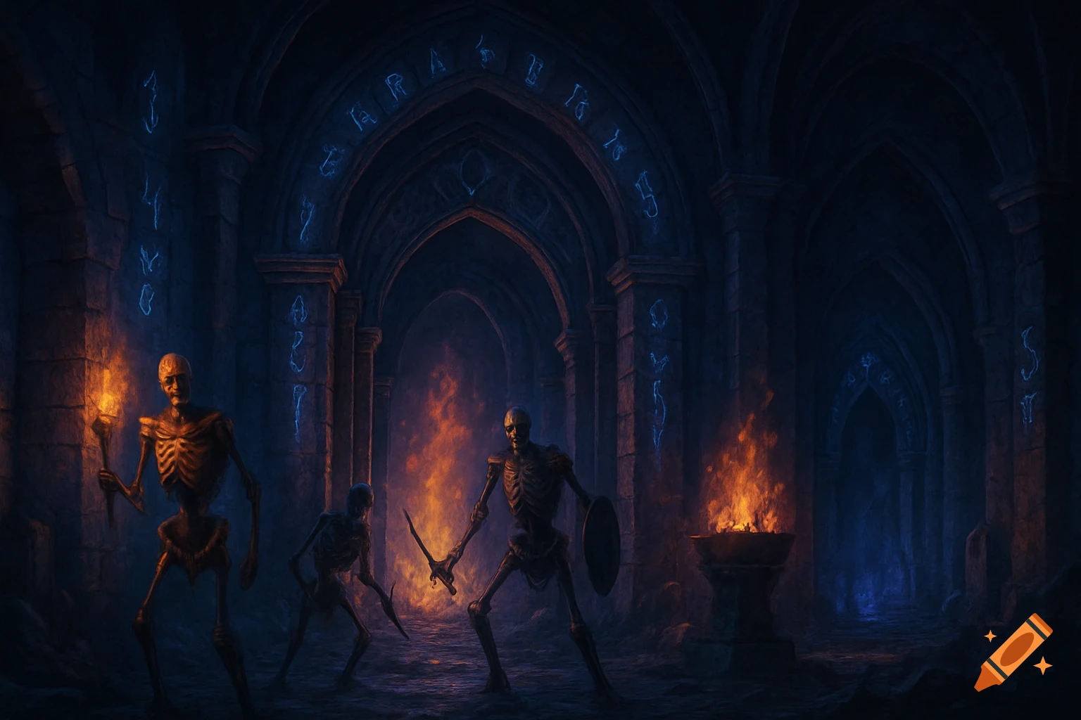 Skeletons in a dark dungeon with glowing runes and fire.
