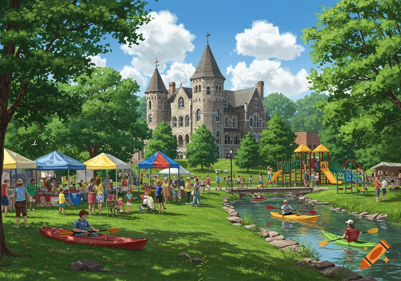 A vibrant summer scene in a park with a market, people kayaking, a playground, and a historic building in the background.