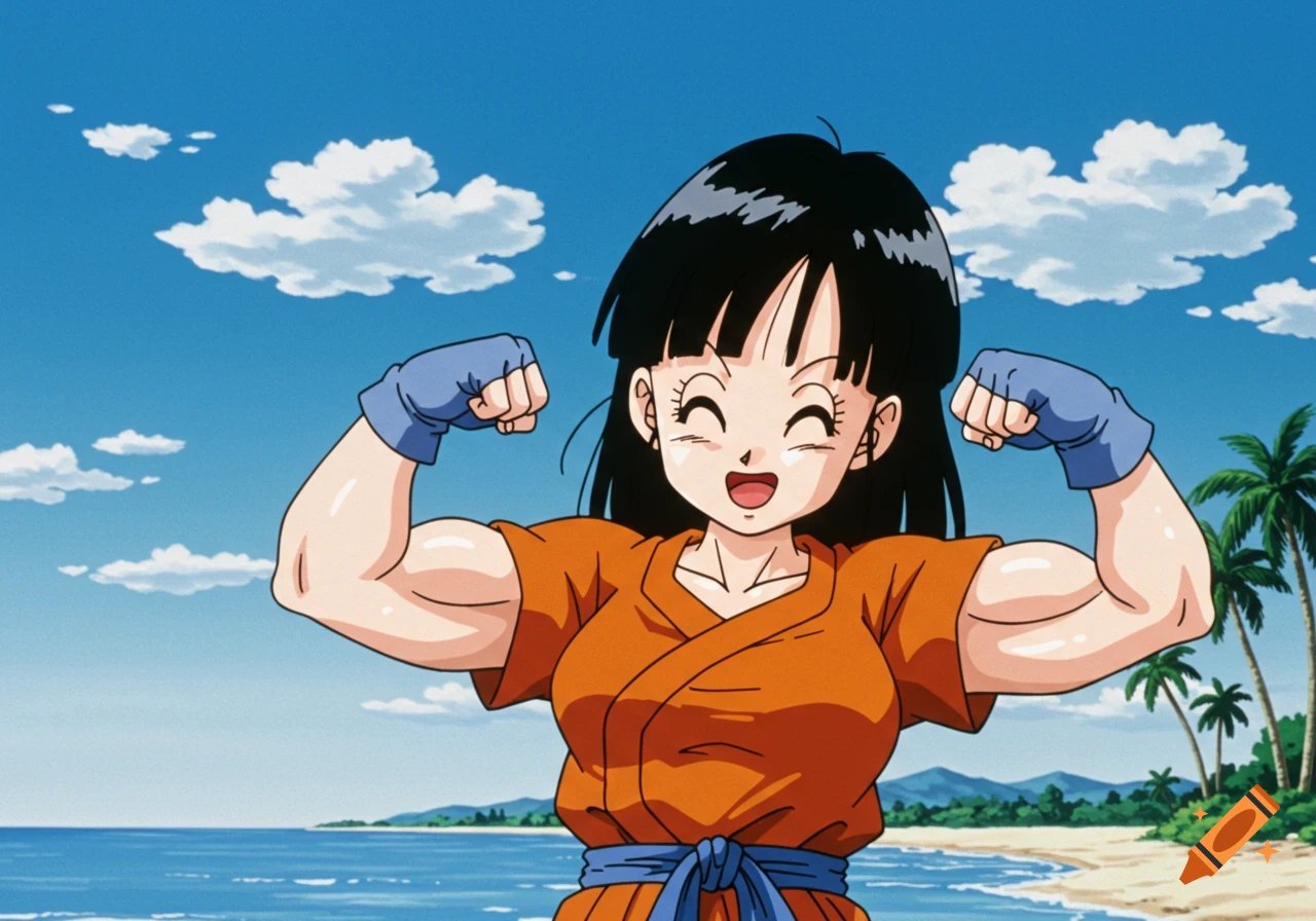 Anime character Pan flexes muscles on a beach