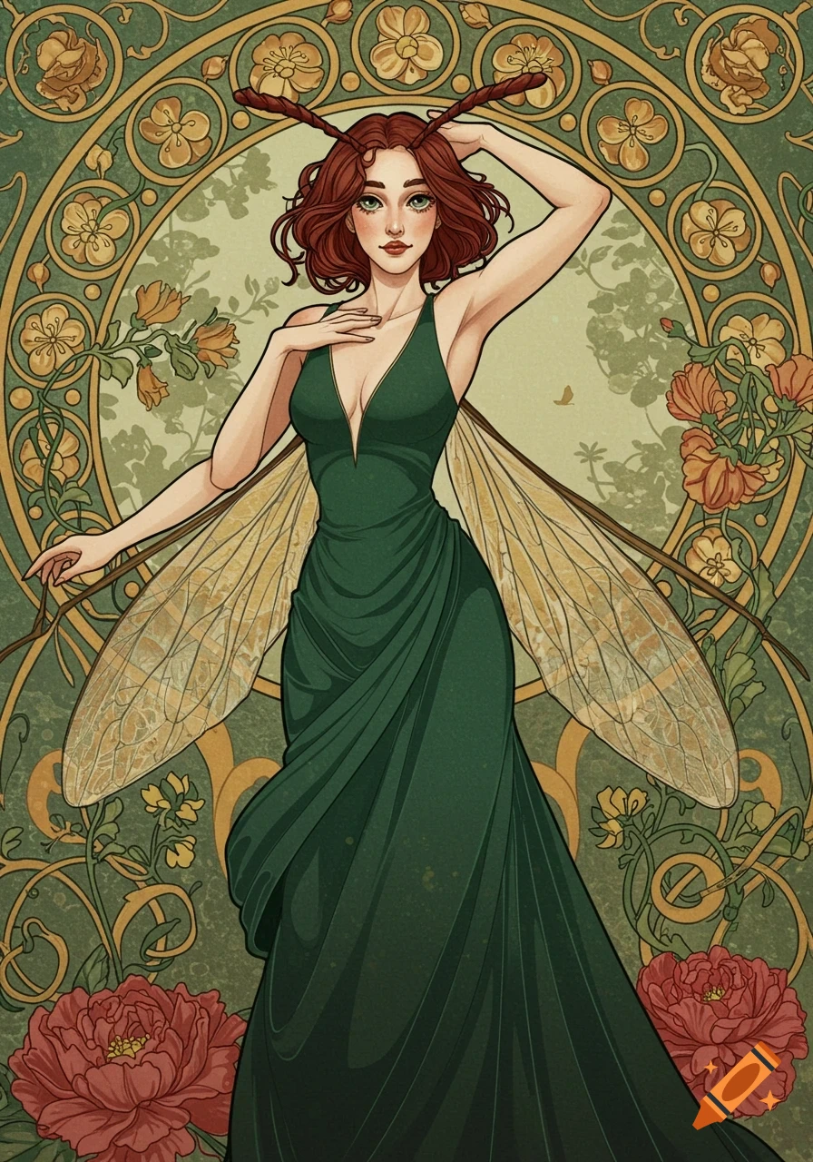 Art Nouveau illustration of a woman with insect wings and antennae in a green dress surrounded by floral patterns.