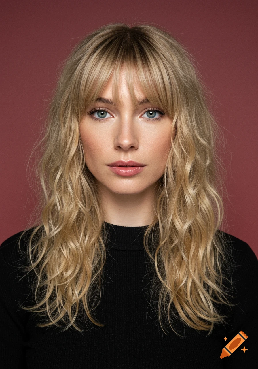 A close-up portrait of a woman with blonde, wavy hair and bangs, wearing a black ribbed top.
