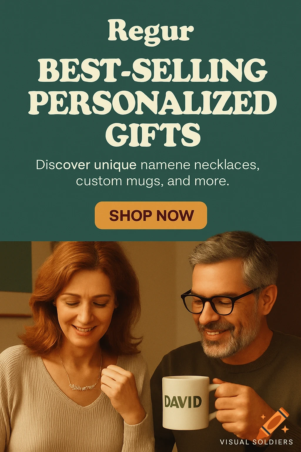 Retro advertisement for personalized gifts showing a couple with a mug and necklace.