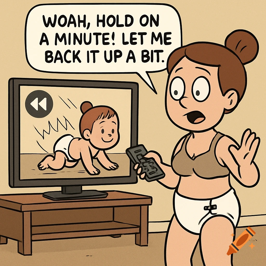 Cartoon woman in bra and diaper watches baby crawl on TV, saying 'Woah, Hold on a minute! Let me back it up a bit.'
