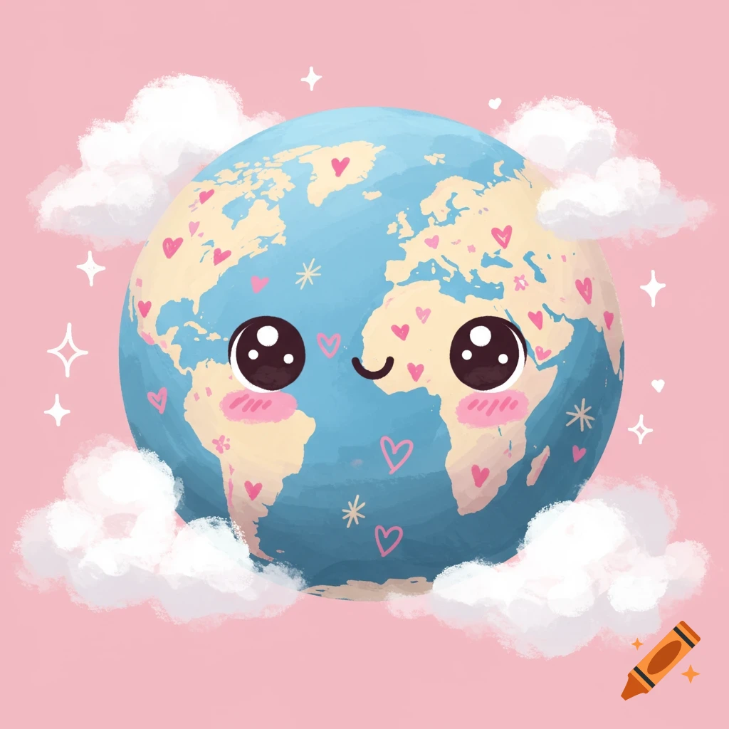 Cute artsy illustration of Earth with a face and hearts surrounded by clouds on a pink background.