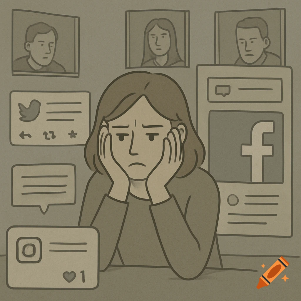 Cartoon illustration of a stressed woman surrounded by social media icons and profiles.