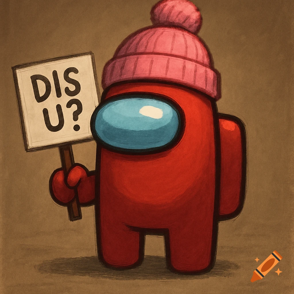 A red Among Us character in a pink beanie holds a sign saying 'DIS U?' in a stylized illustration.
