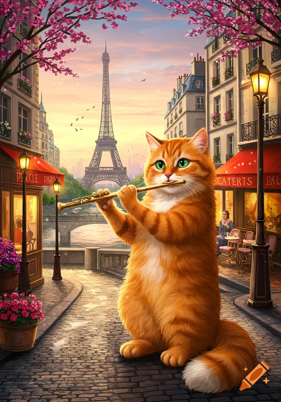 An orange tabby cat plays a flute on a Paris street with the Eiffel Tower in the background.
