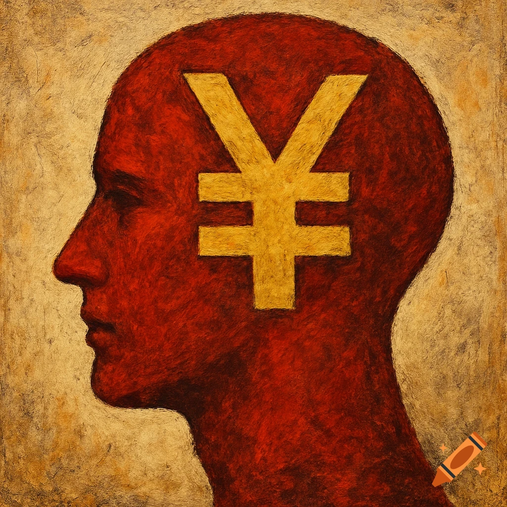 Red profile of a head with a large gold yen symbol on it, textured art style.