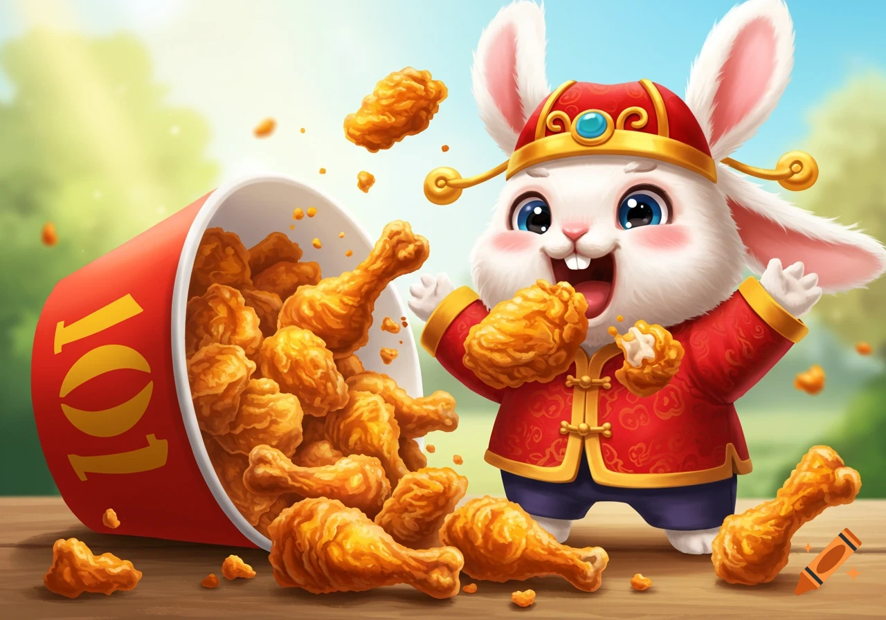 Cute bunny in Chinese clothes eating fried chicken from a bucket