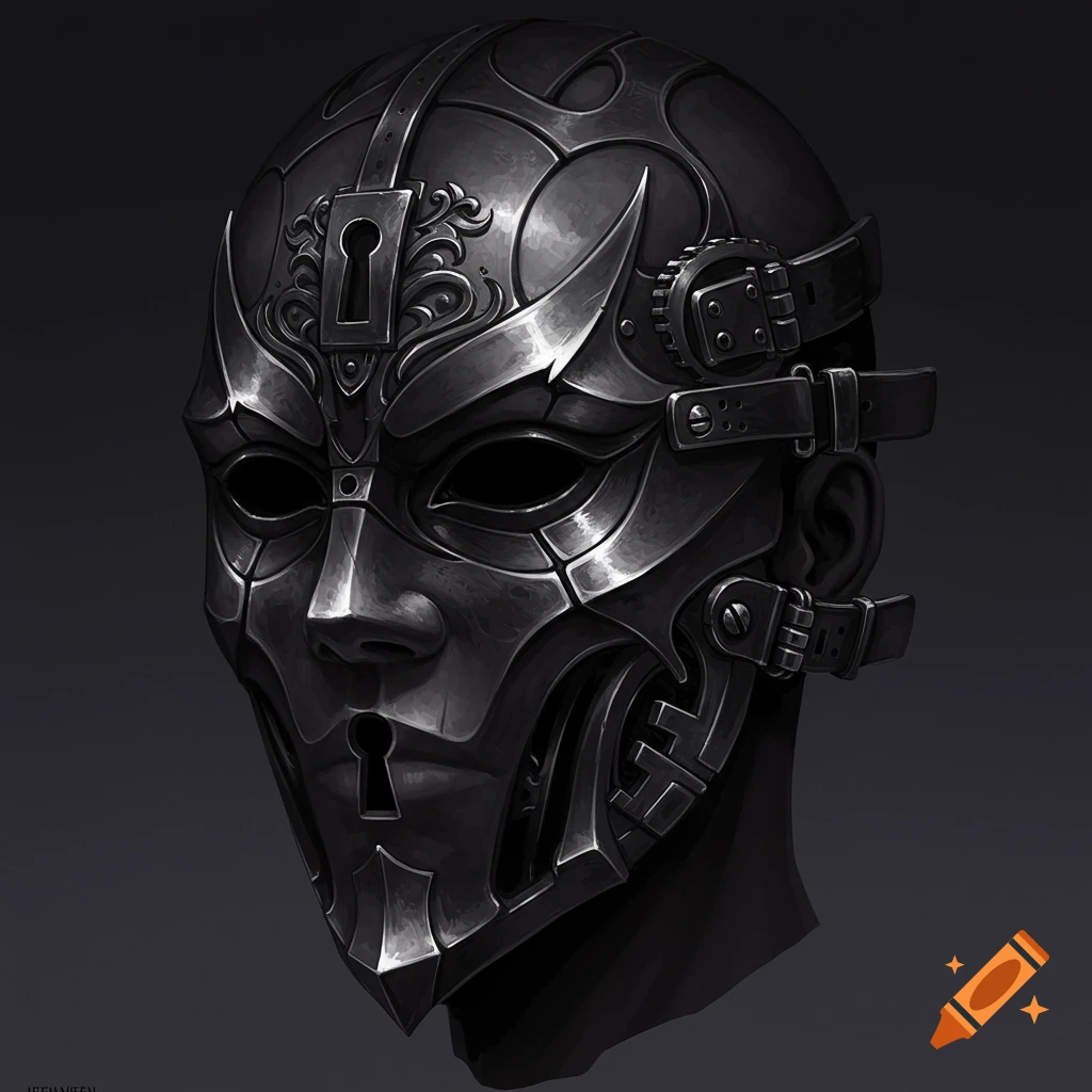Detailed metallic steampunk mask with keyholes and buckles on a dark background.