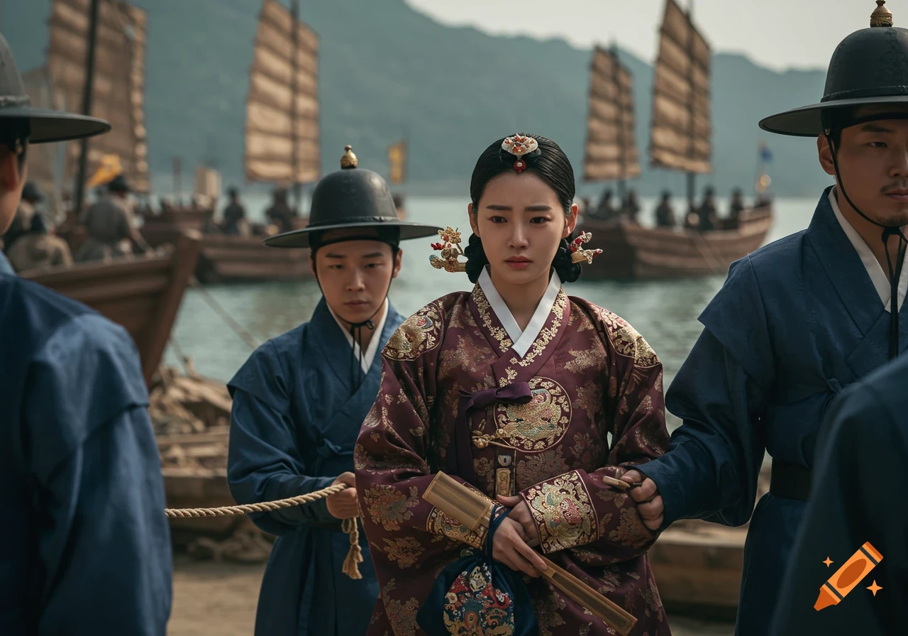 Realistic photo of a woman in historical Korean clothing standing by water with boats.