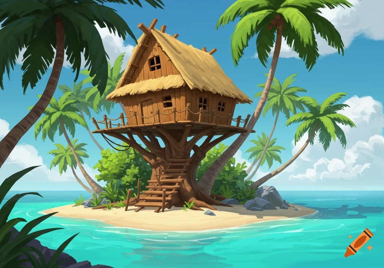 A treehouse on a small tropical island with palm trees.