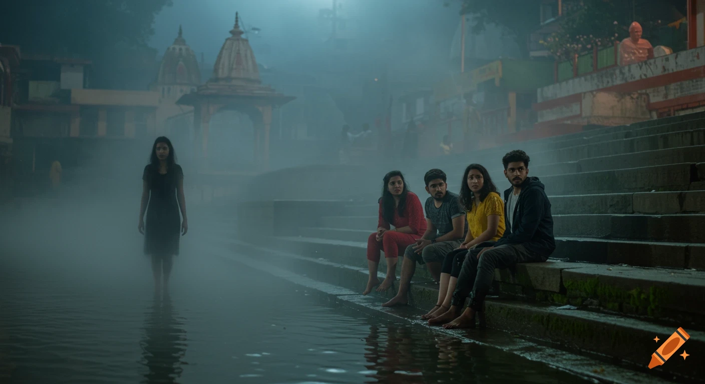 People sit by a misty riverbank near a temple at night, with a figure standing in the water.