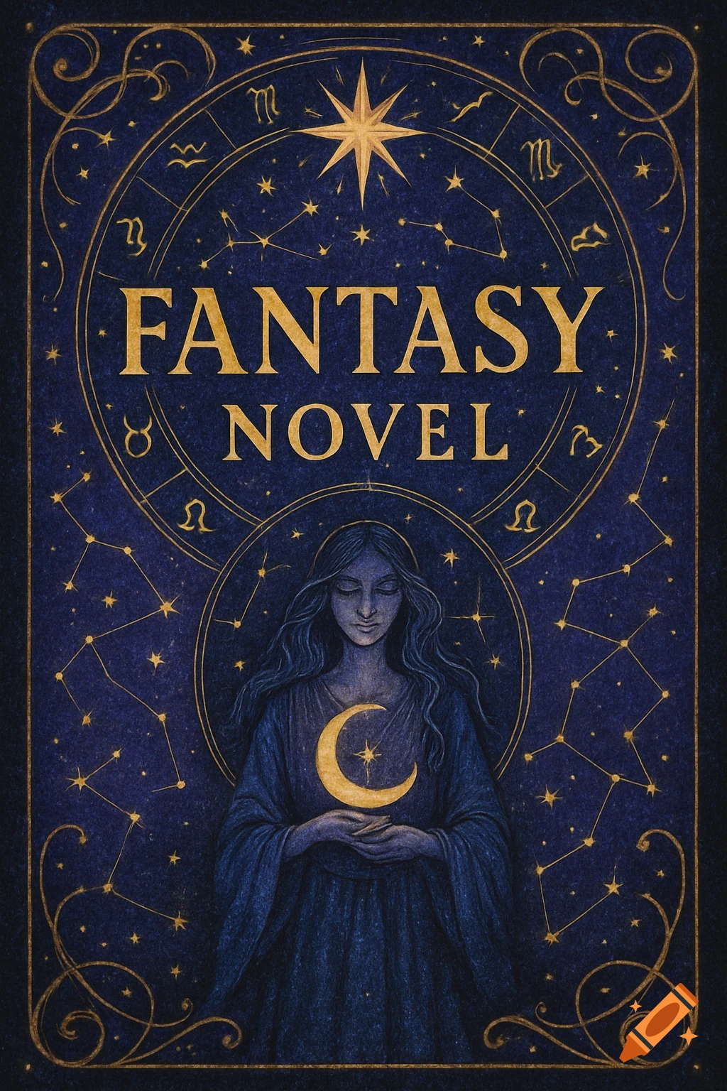 Fantasy book cover art with a celestial figure holding a crescent moon, surrounded by stars, constellations, and zodiac symbols. Title reads "FANTASY NOVEL".