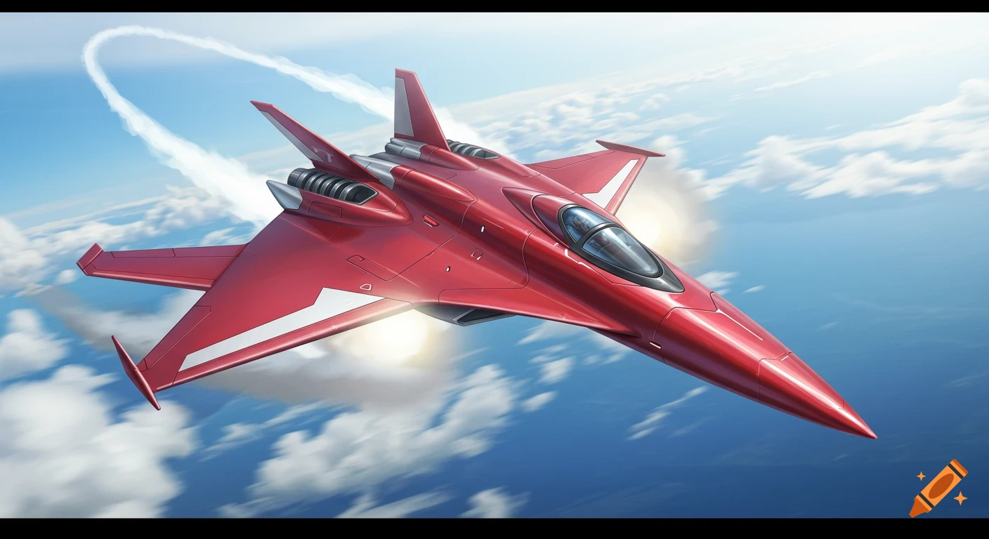 A red supersonic jet flies through a cloudy blue sky