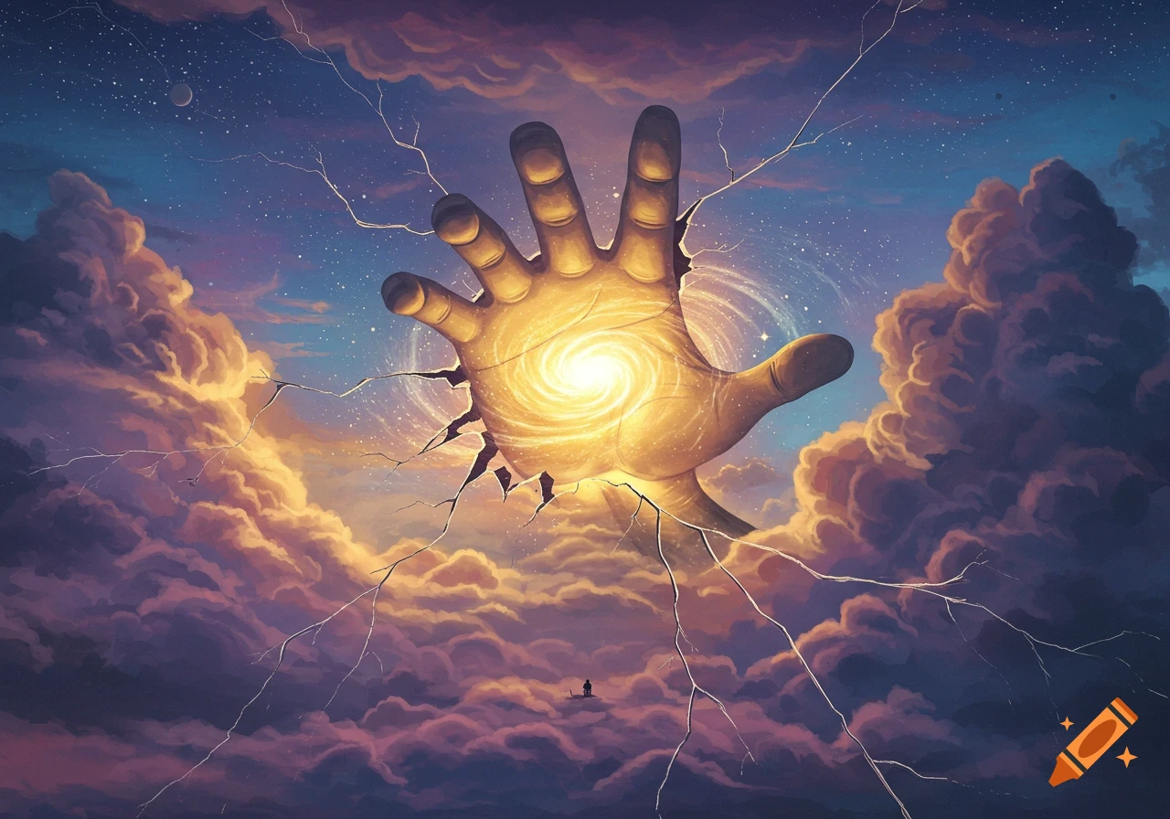 A giant glowing hand emerges from a cracked sky filled with stars and clouds, with a small person below.