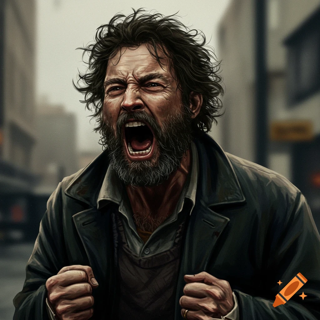 Close-up portrait of a disheveled man screaming intensely on a street.
