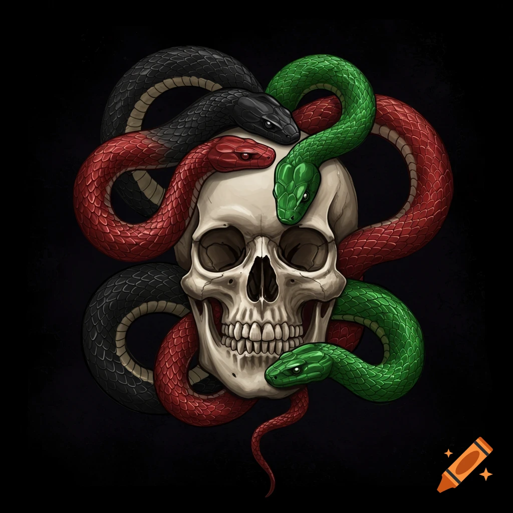 Illustration of a skull with black, red, and green snakes wrapped around it