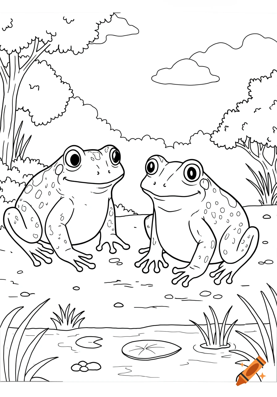 Two frogs sit on land by a pond with lily pads, line drawing coloring page style.