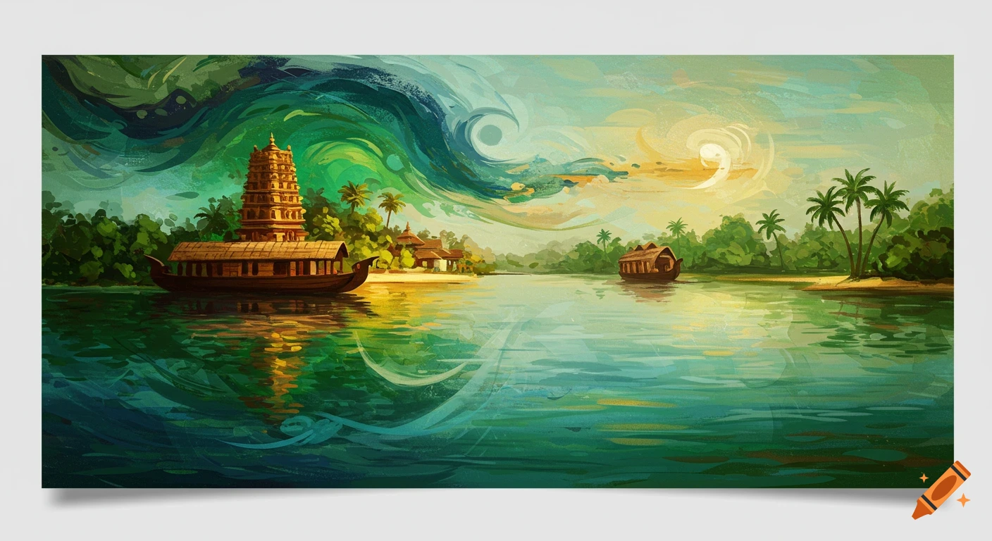 Abstract painting of Kerala backwaters with houseboats, temple, and palm trees.