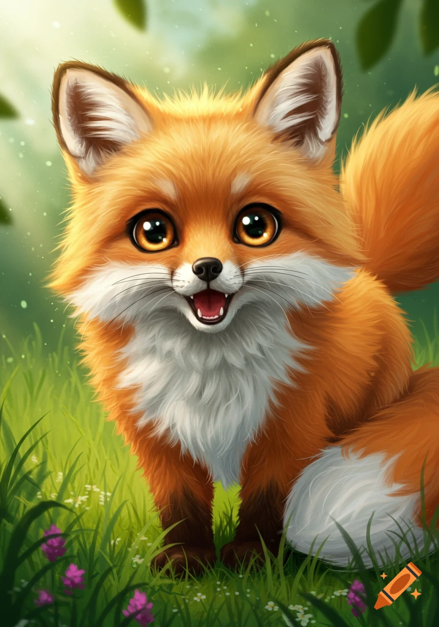 A cute cartoon fox with big eyes stands in a sunny forest clearing.
