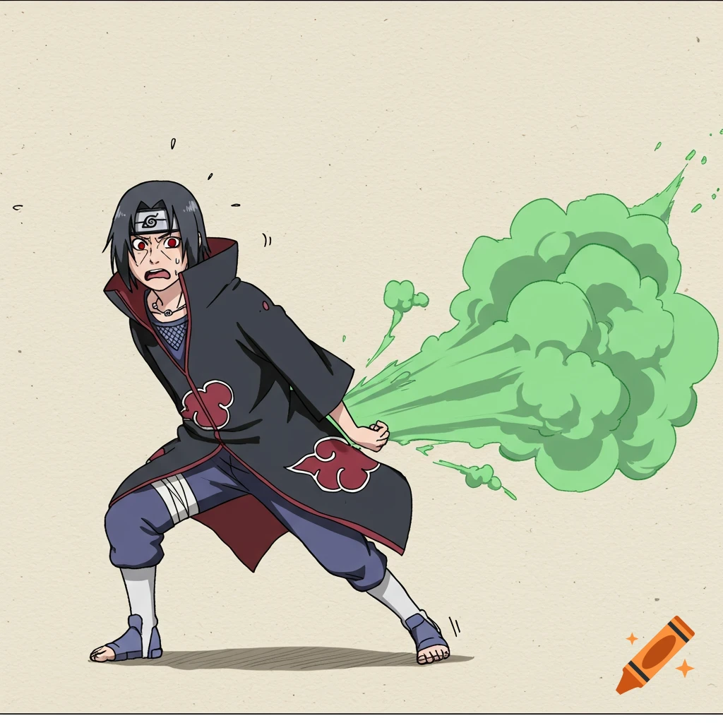Anime drawing of Itachi Uchiha farting a large green cloud.
