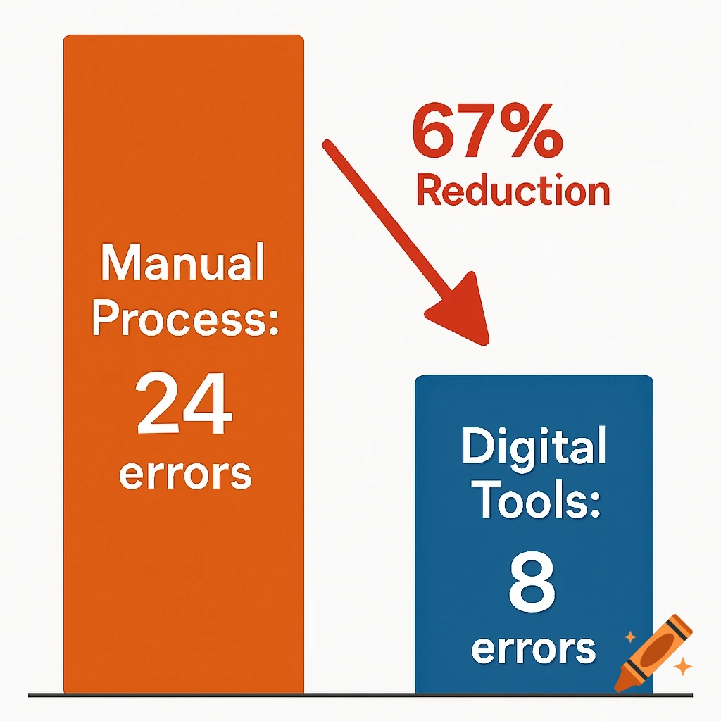 Bar chart showing 24 errors reduced to 8 with digital tools, a 67% reduction.