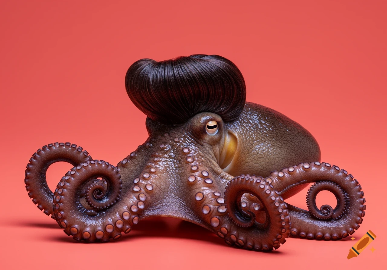 A realistic octopus with a large, dark 1950s quiff hairstyle sits against a coral background.
