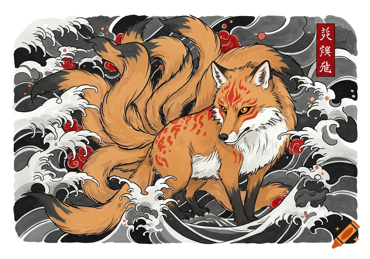 Illustration of a nine-tailed fox standing in black and white waves with red clouds and Japanese text in a traditional tattoo style.