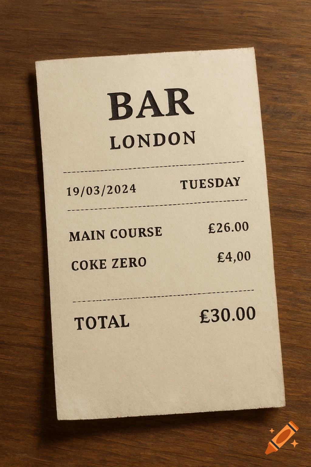 A close-up shot of a bar receipt from London showing a total of £30.00.