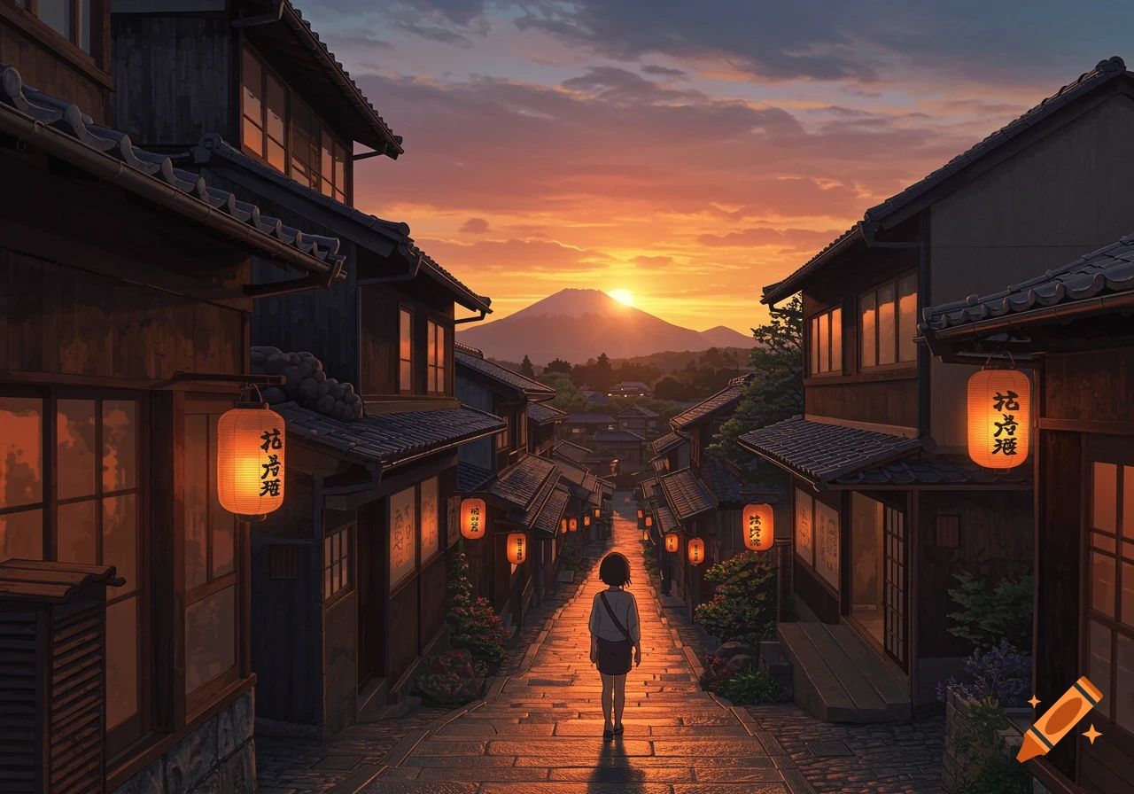 Person walks down a stone street in a Japanese town lined with buildings and lanterns at sunset, with a mountain in the distance, in anime style.
