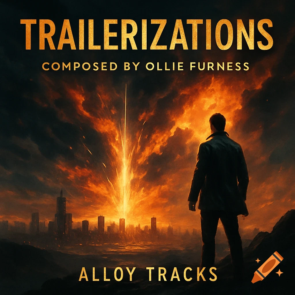 Album cover with a man watching a fiery explosion over a city skyline. Text says TRAILERIZATIONS, COMPOSED BY OLLIE FURNESS, ALLOY TRACKS.