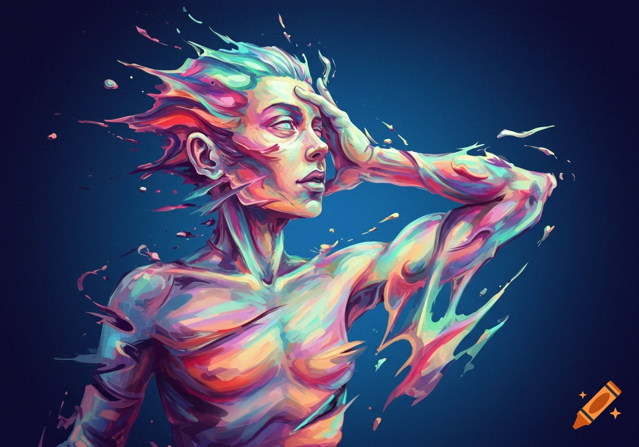 Abstract colorful figure dissolving against a dark blue background, digital art.