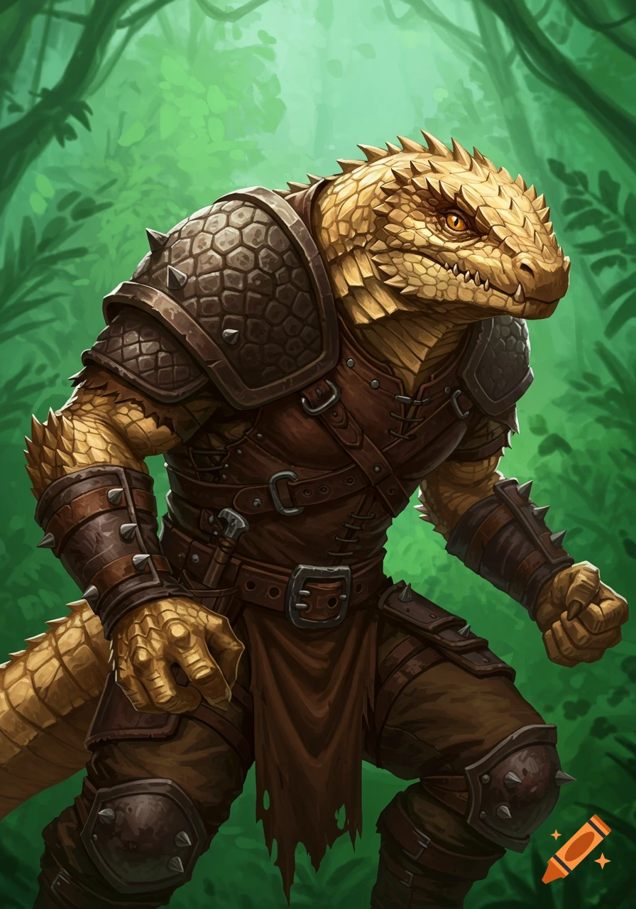Portrait of a Lizardman wearing studded leather armor in a jungle on ...