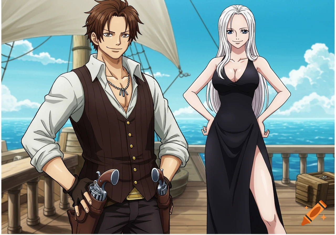 Anime style illustration of a man and woman on a ship.