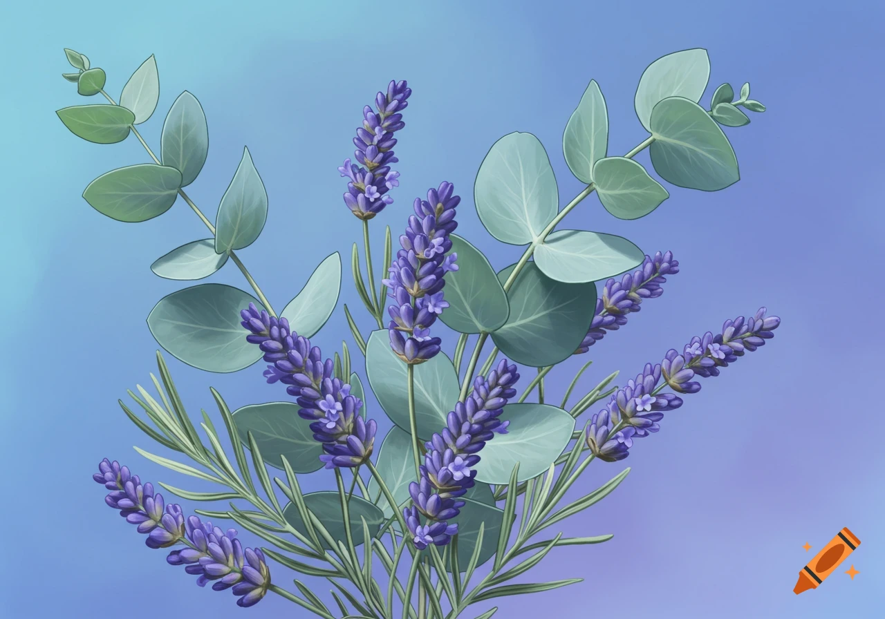 An illustration of purple lavender flowers and green eucalyptus leaves against a blue background.