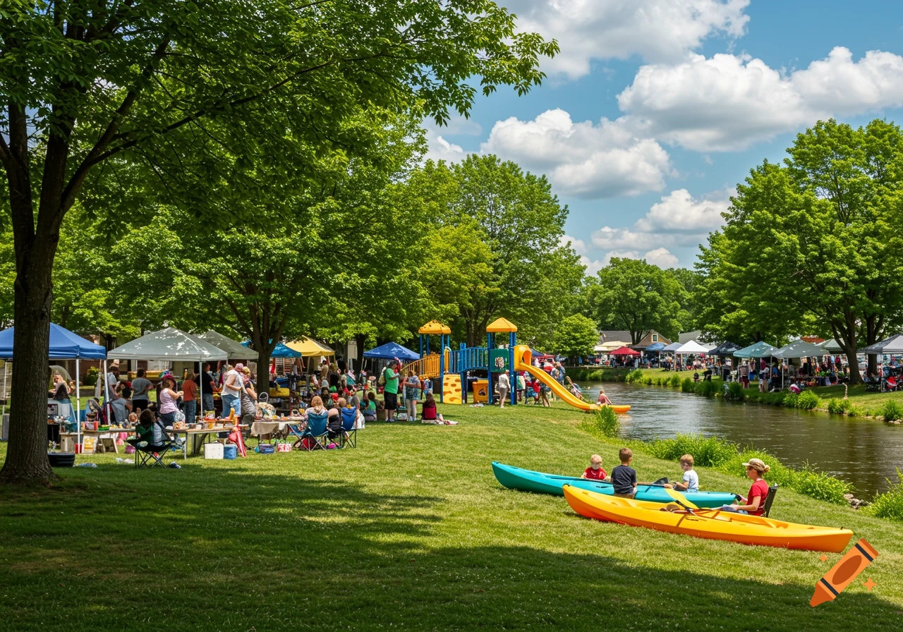 Families enjoy an outdoor market event by a river with a playground and kayaks.